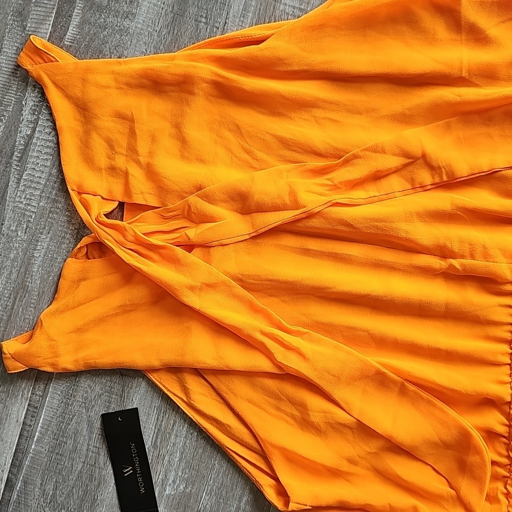 NWT Worthington Orange Sleeveless Dress Chiffon High Low 14 Cinched Waist - Picture 7 of 9